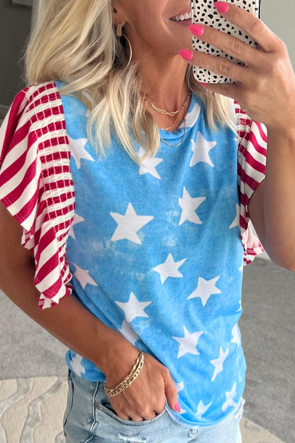 Sky Blue Vintage Star Print Striped Ruffle Sleeve Independence Day Top