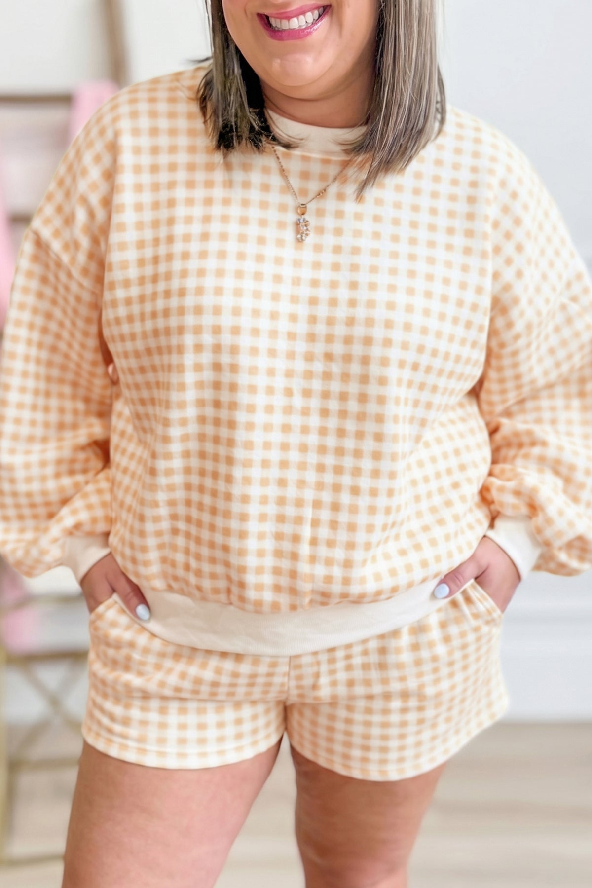 Yellow Gingham Loose Pullover Top Drawstring Shorts Plus Size Set