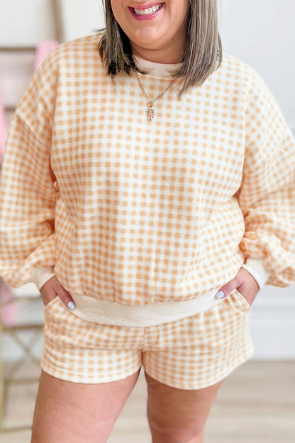 Yellow Gingham Loose Pullover Top Drawstring Shorts Plus Size Set