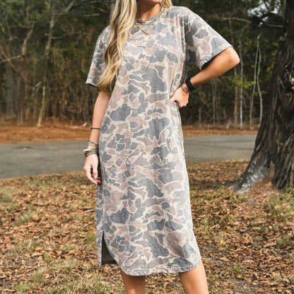 Multicolour Camouflage Print Short Sleeve Drop Shoulder Side Slit Casual Dress