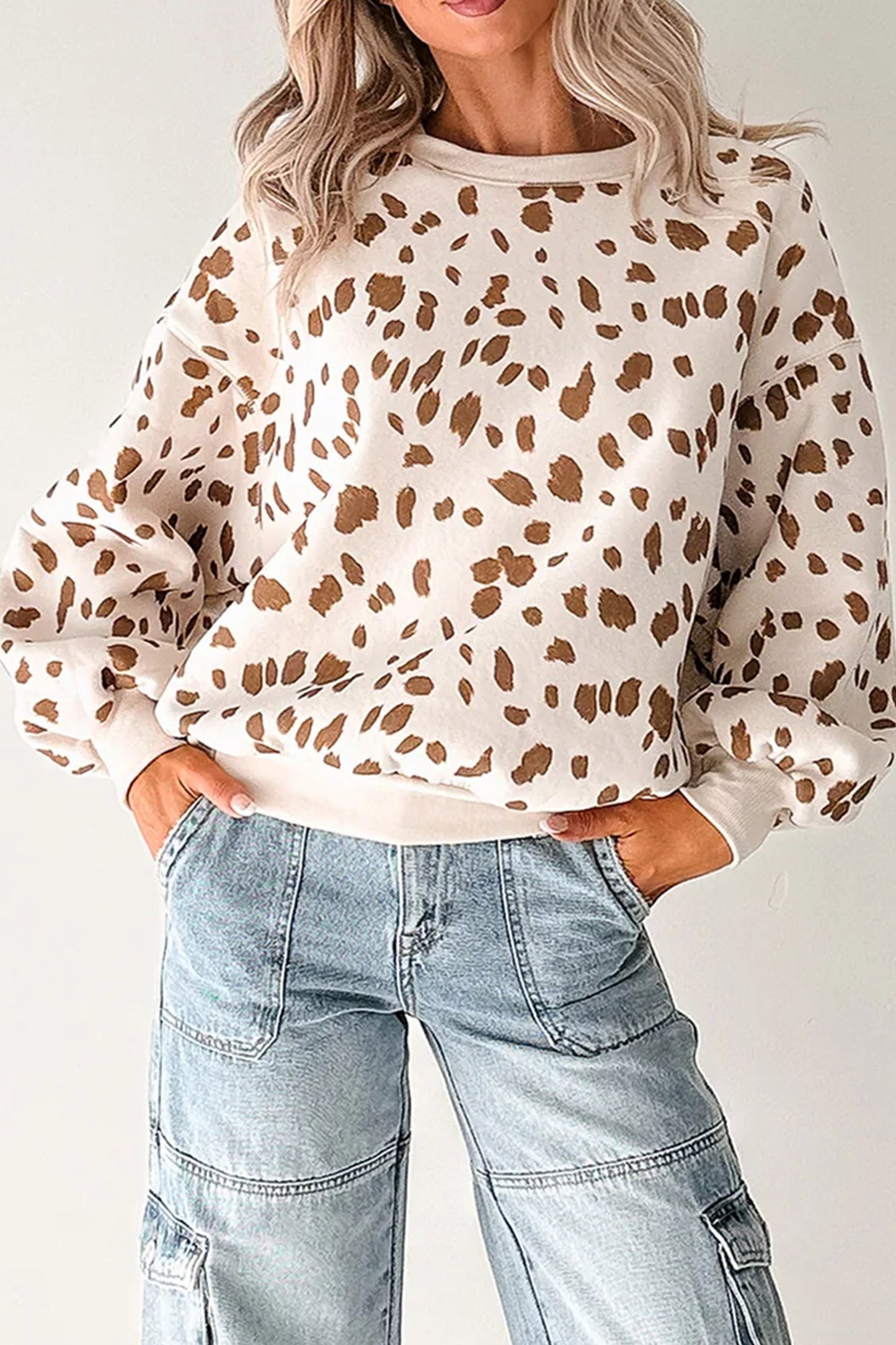Brown Leopard Print Dropped Shoulder Round Neck Casual Sweatshirt