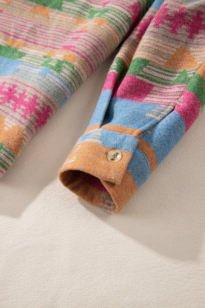 Veste-chemise rose grande taille à imprimé aztèque avec poche à rabat