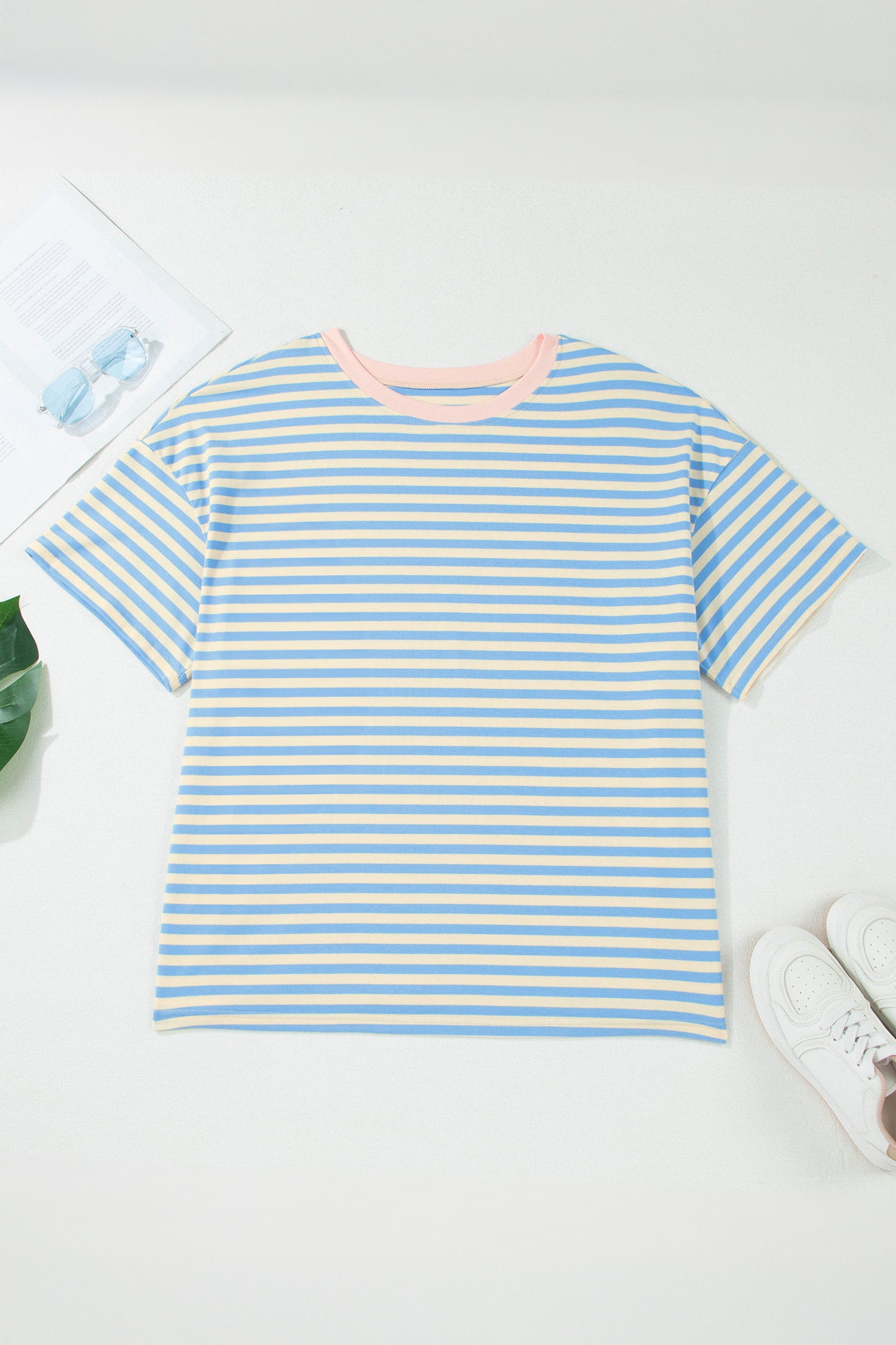Sky Blue Stripe Plus Size Drop Shoulder Contrast Trim Round Neck Tee