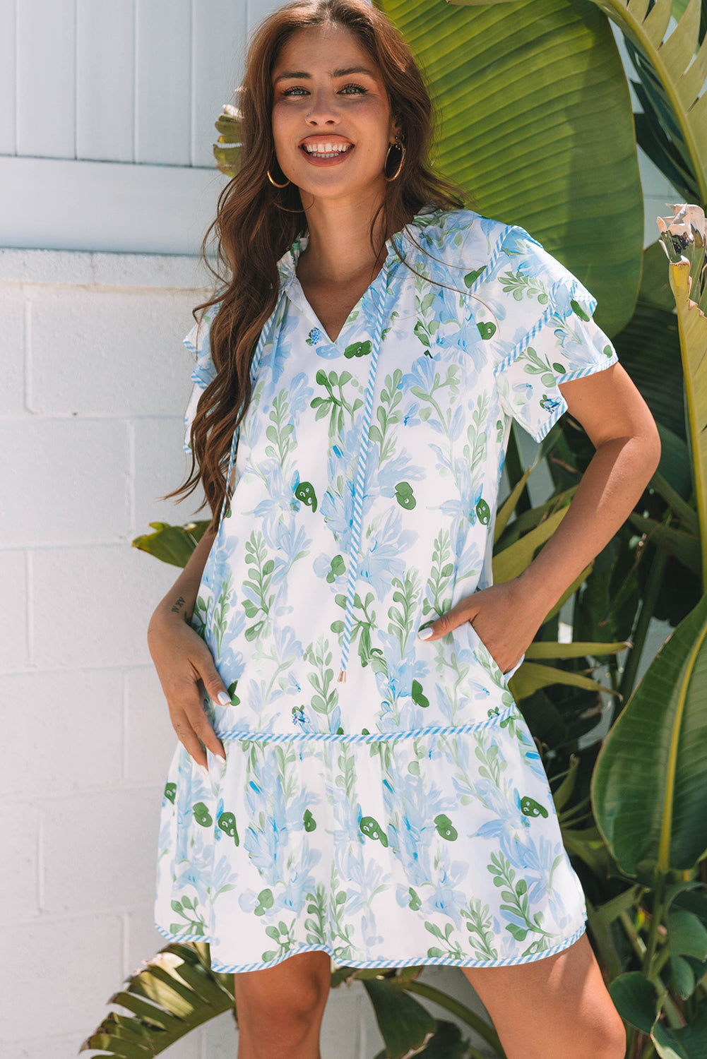 Sky Blue Floral Contrast Edge Layered Short Sleeve Mini Dress