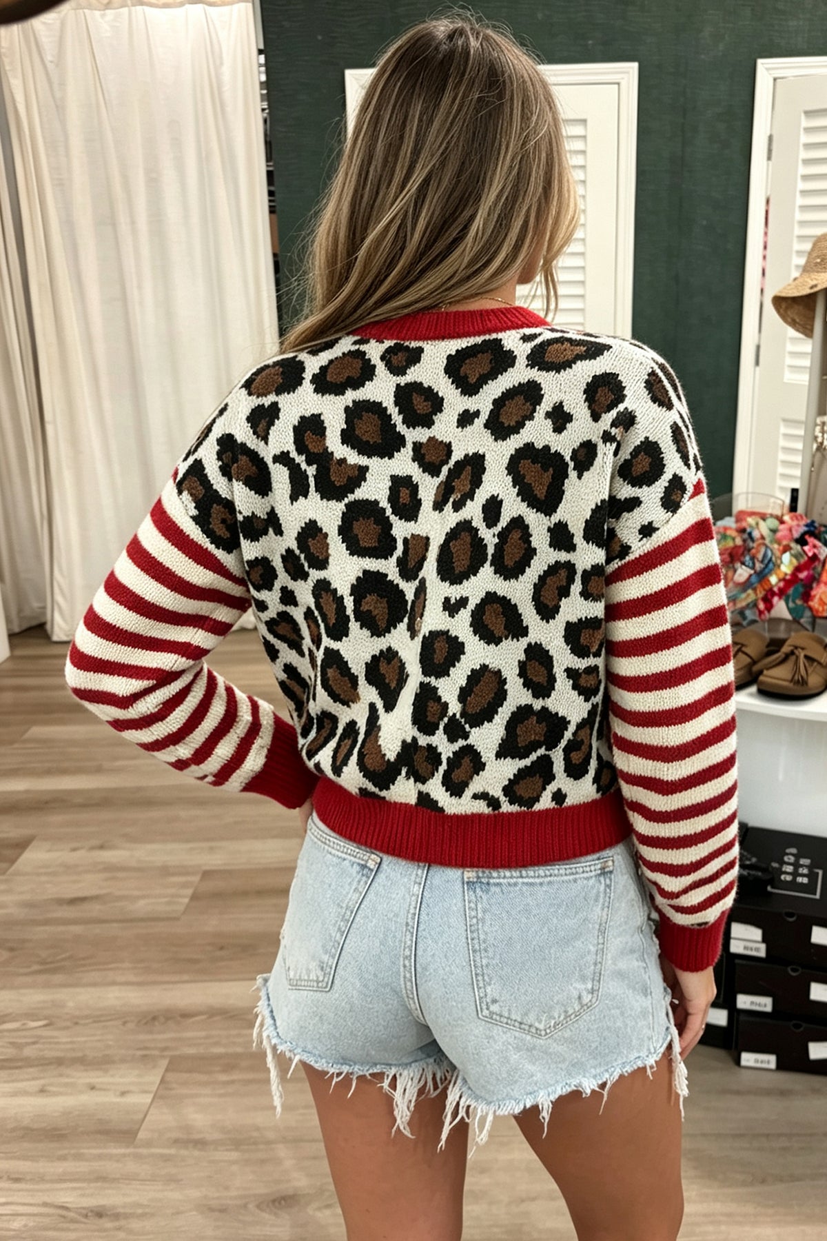 White Leopard Print Striped Sleeves Round Neck Button Cropped Cardigan
