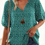 Green Boho Chic Notched V Neck Plus Floral Short Sleeve Top