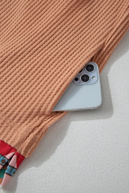 Sweat à capuche kaki en tricot gaufré patchwork aztèque grande taille