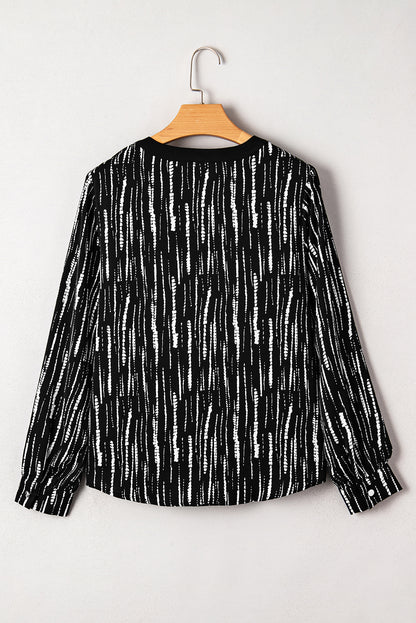Black Abstract Printed V Neck Fall Blouse