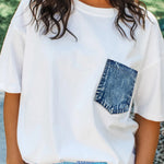 White Color Block Chest Pocket Patched Casual Short Sleeve Top