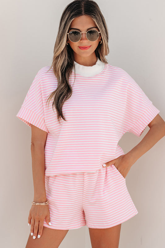 Pink Stripe Cuffed Sleeve Contrast Mock Neck Tee Casual 2pcs Short Set