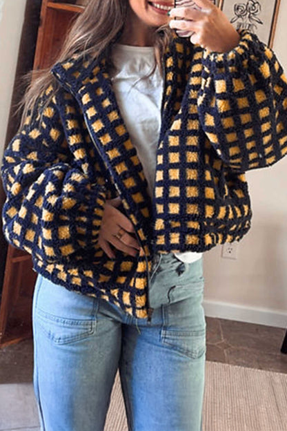 Blue Plaid Sherpa Fleece Zip Up Jacket