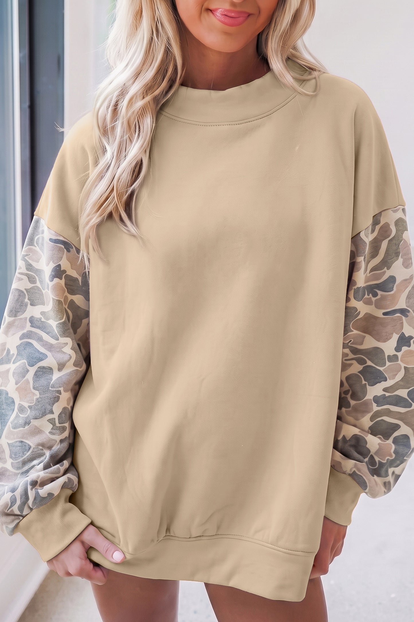 Beige Camouflage Sleeve Crewneck Baggy Pullover Sweatshirt