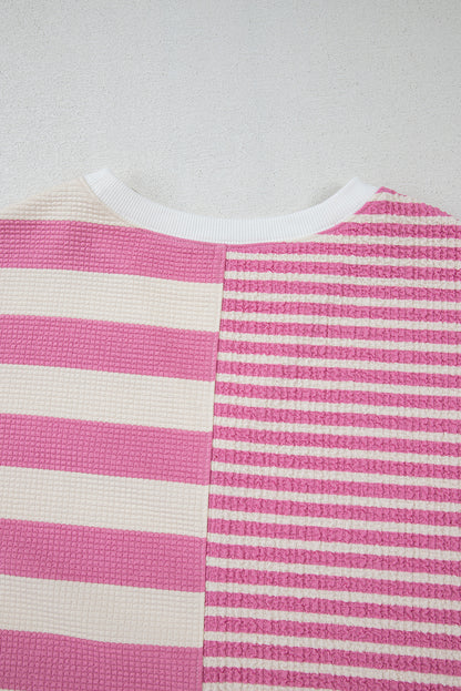 Pink Stripe Patchwork Textured Short Sleeve High Low Loose Top