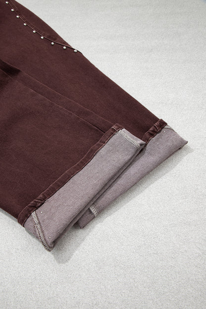 Coffee Side Seam Rivet Detail Ankle Length Casual Jeans