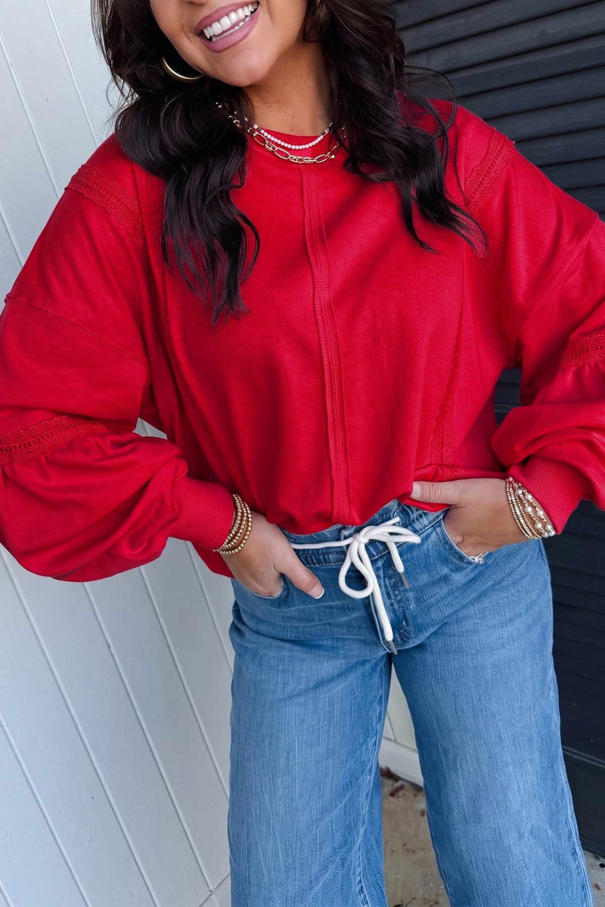 Fiery Red Solid Color Raw Seam Lace Detail Loose Casual Sweatshirt
