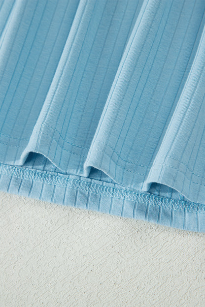 Mist Blue Soft Ribbed Color Block Trim Casual Short Set
