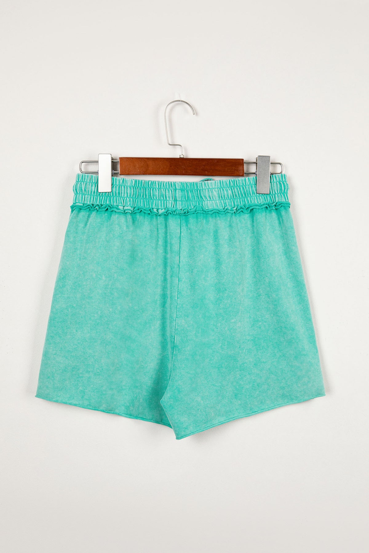 Sea Green 100% Cotton Mineral Washed Drawstring Elastic Waist Raw Cut Shorts