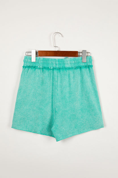 Sea Green 100% Cotton Mineral Washed Drawstring Elastic Waist Raw Cut Shorts