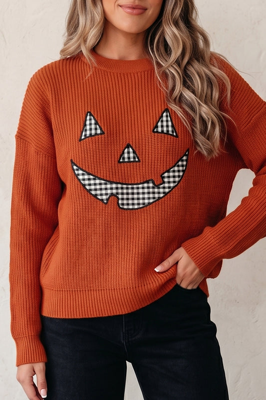 Orange Drop Shoulder Long Sleeve Round Neck Halloween Sweater