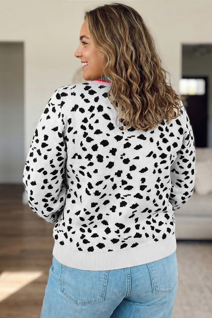 White Leopard Print Colorblock Round Neck Long Sleeve Tunic Plus Size Sweater