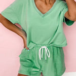 Mint Green V Neck Drop Shoulder Tee and Patchwork Drawstring Shorts Set