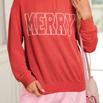 Fiery Red Twisted Rib Outlined Merry Letter Graphic Loose Long Sleeve Top