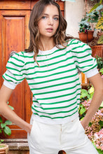 Green Stripe Puff Sleeve Elegant T-shirt