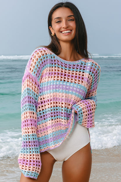Pull de plage en maille ajourée à rayures multiples violet