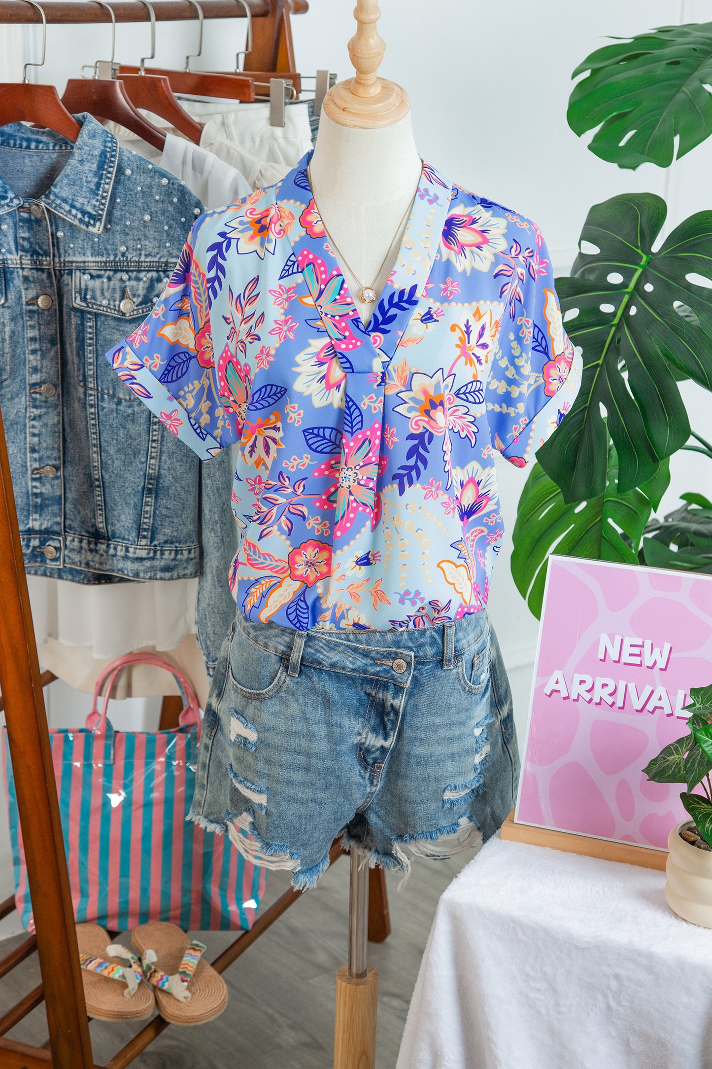 Purple Vacation Floral Print V Neck Short Sleeve Blouse