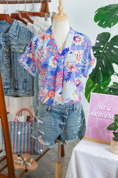 Purple Vacation Floral Print V Neck Short Sleeve Blouse