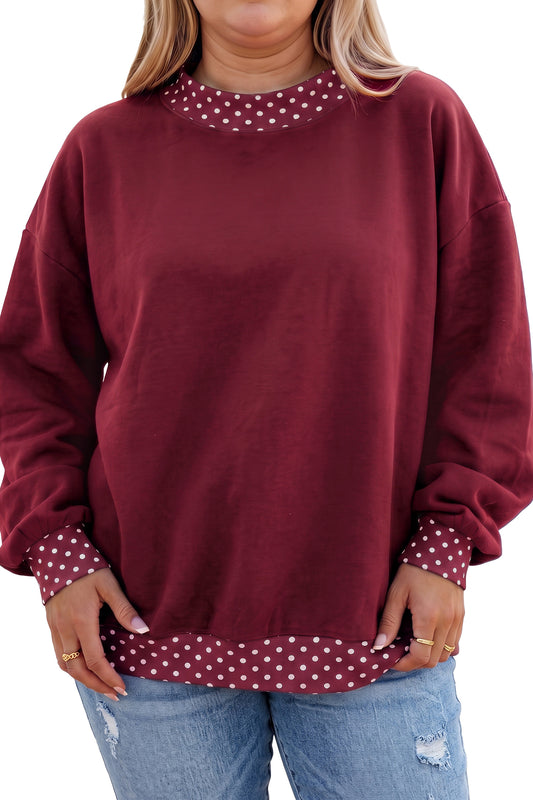 Burgundy Polka Dot Patchwork Round Neck Plus Size Sweatshirt