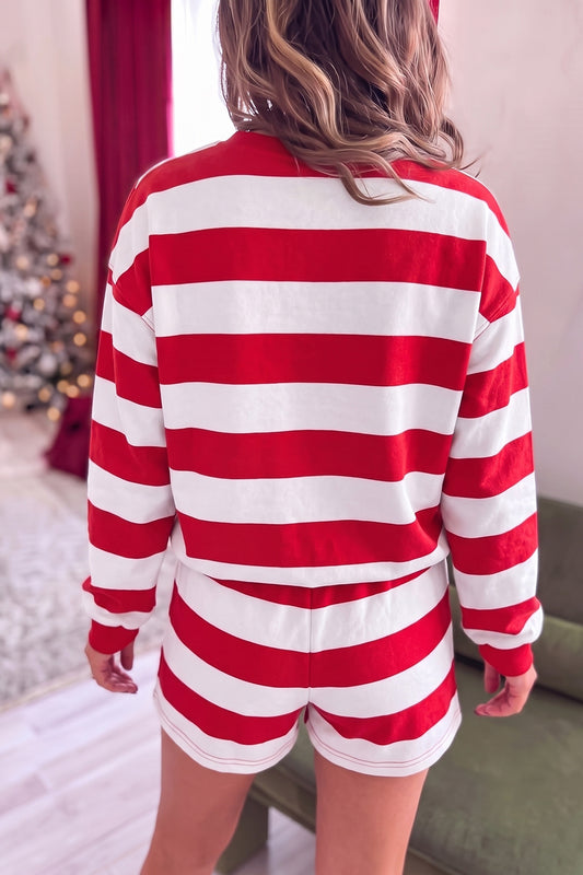 Red Stripe Holly Jolly Embroidery Pullover Long Sleeve Two Piece Shorts Set