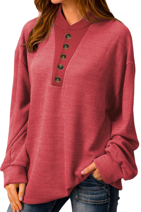 Red Plain Buttoned Henley Sweatshirt