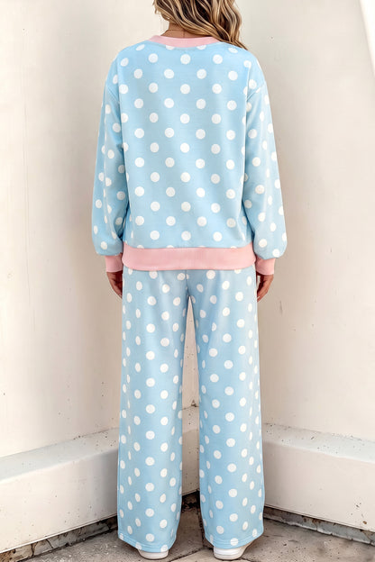 Sky Blue Polka Dot Contrast Trim Long Sleeve Top Drawstring Shift Pants Set