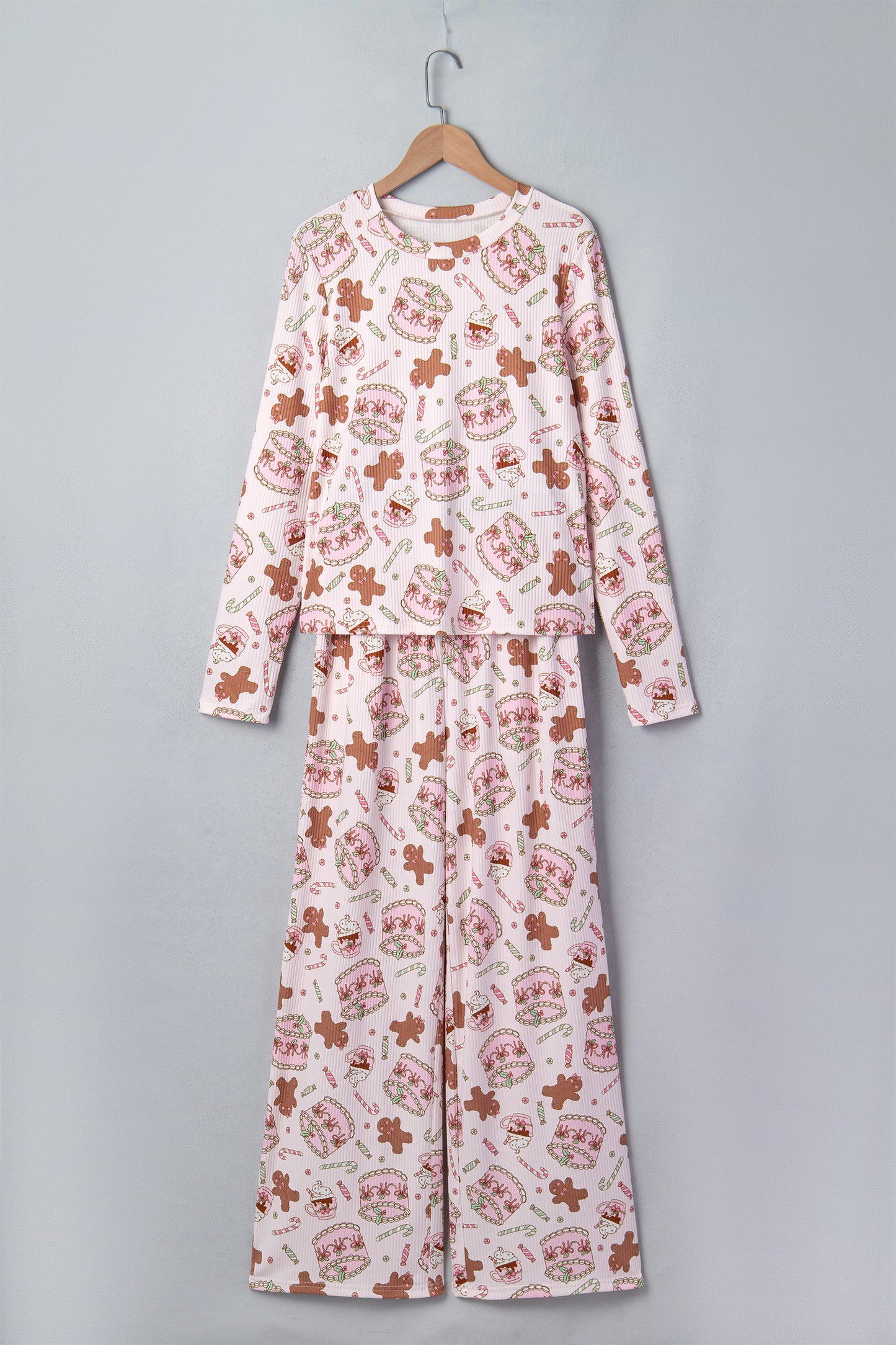 Pink Abstract Christmas Print Long Sleeve Two Piece Lounge Set