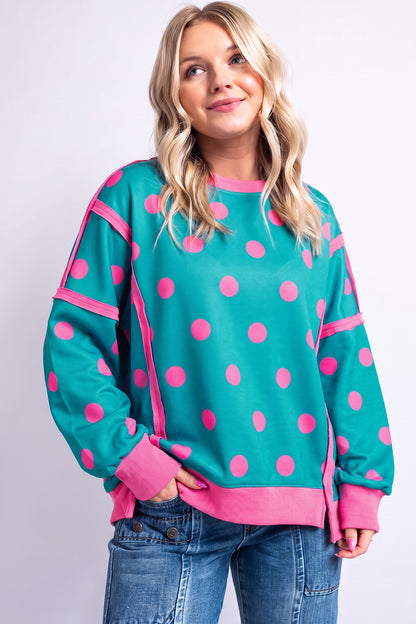 Blue Polka Dot Contrast Patchwork Round Neck Baggy Sweatshirt