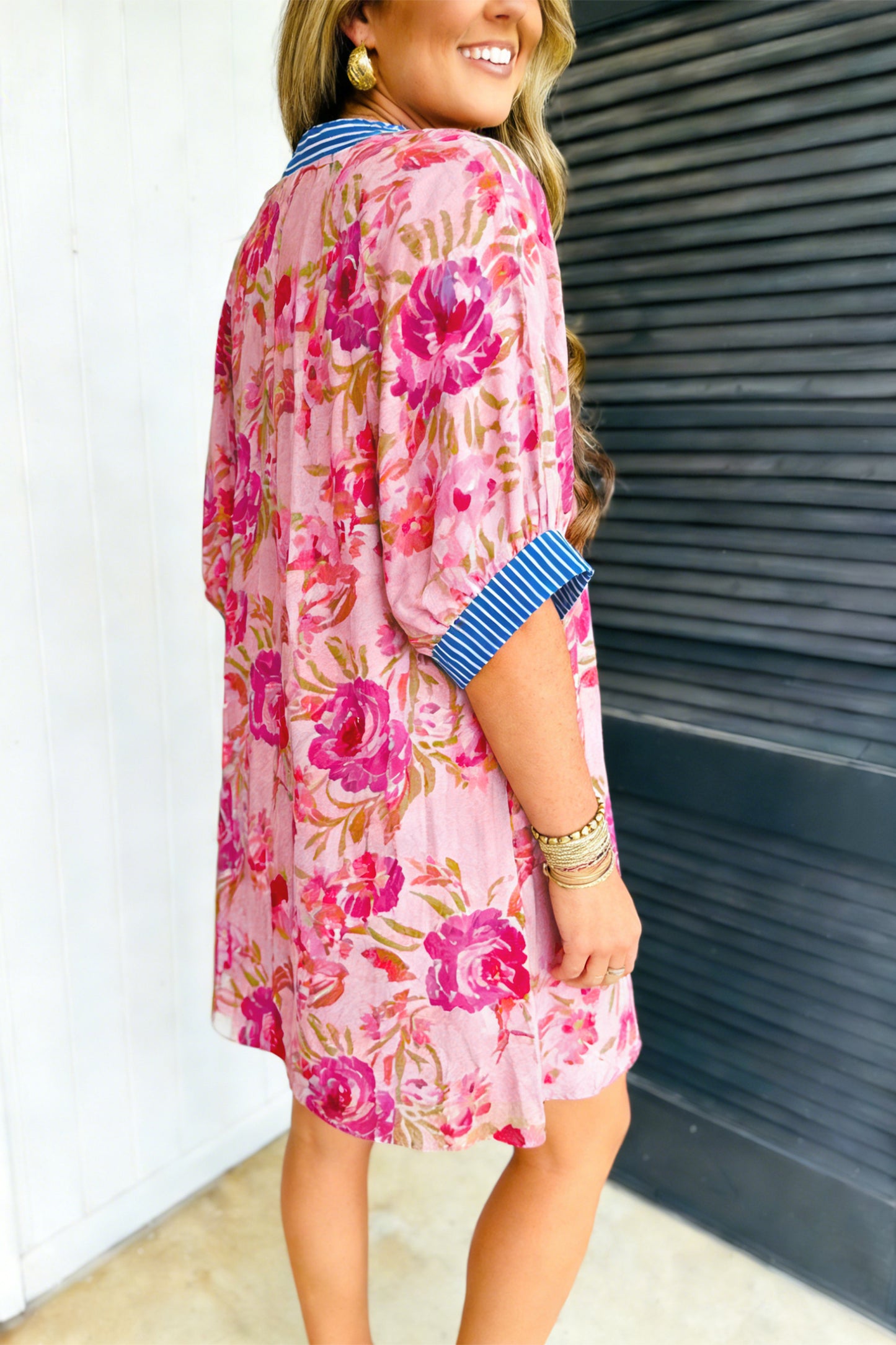 Multicolour Floral Striped Patchwork Trim Half Sleeve Mini Dress