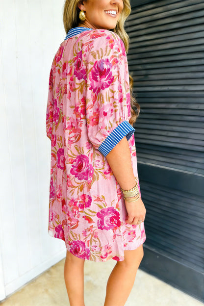 Multicolour Floral Striped Patchwork Trim Half Sleeve Mini Dress