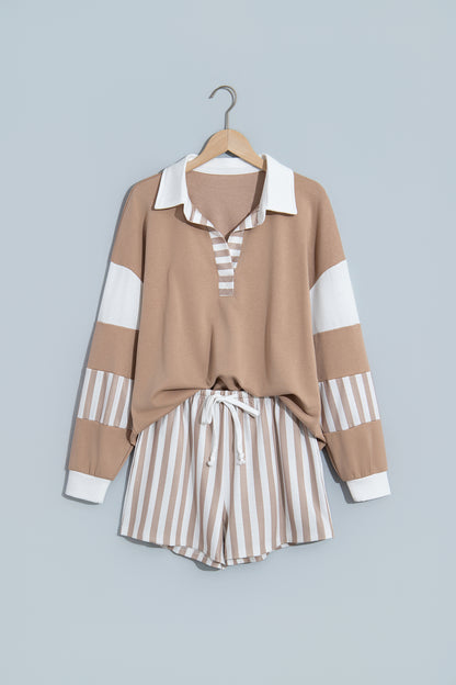 Smoke Gray Striped Color Block Pullover Top Drawstring Shorts Set