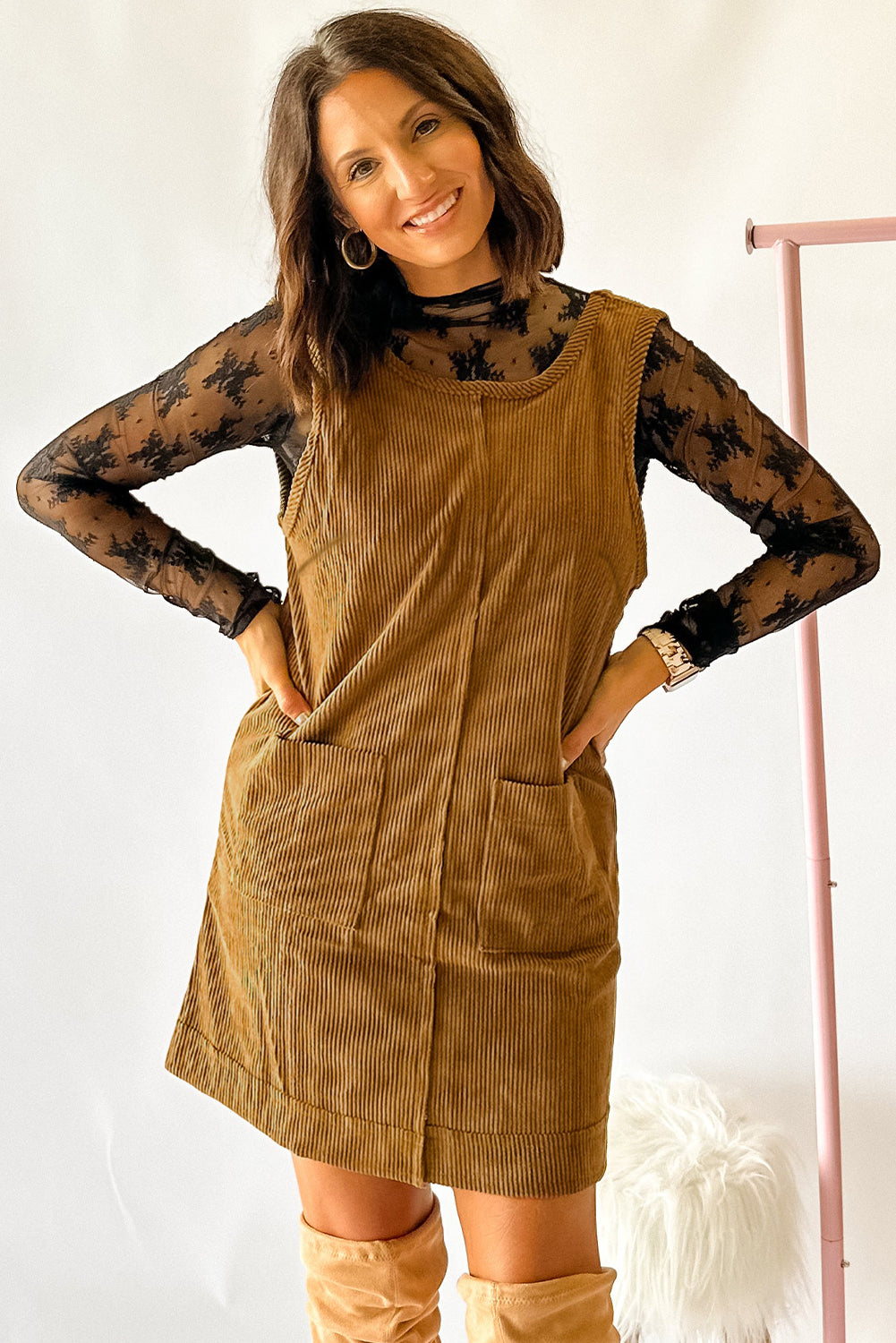 Beige Corduroy Sleeveless Mini Dress With Patched Pockets