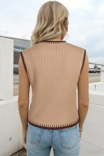 Light French Beige Ribbed Knit Contrast Trim Round Neck Horseshoe Sweater Vest