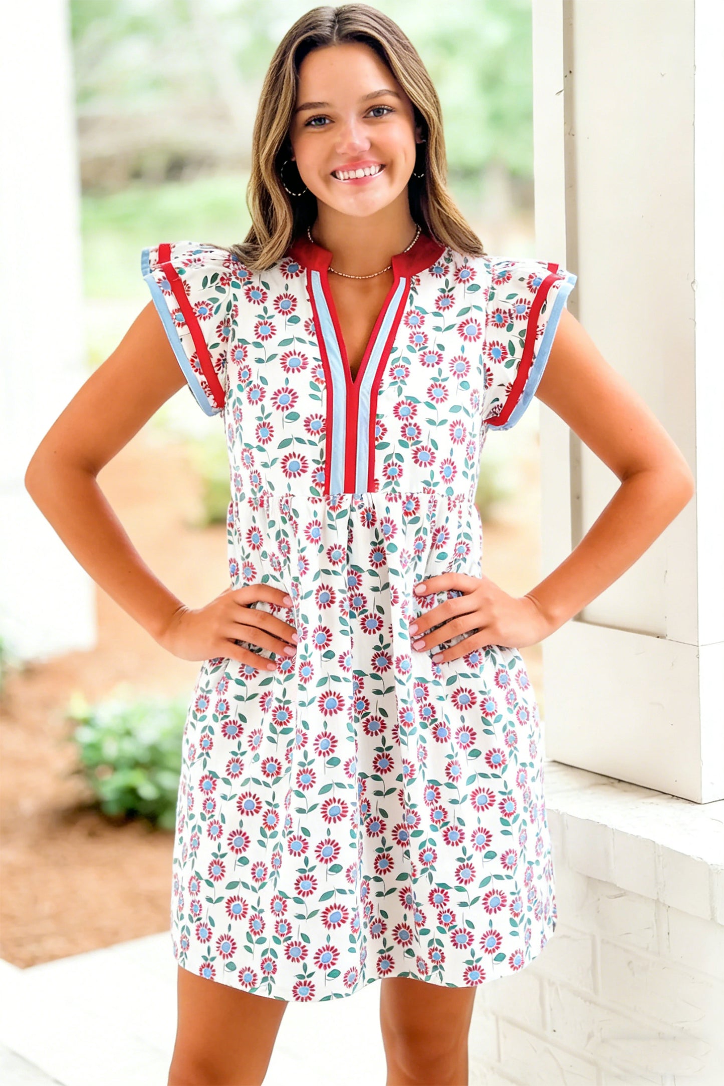 Red Floral Print Contrast Trim Flutter Sleeve Mini Dress