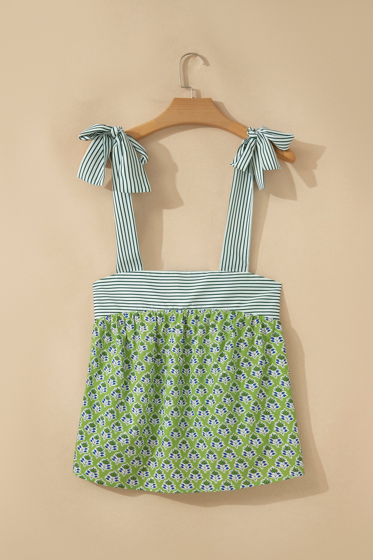 Green Floral Printed Knot Straps Babydoll Tank Top