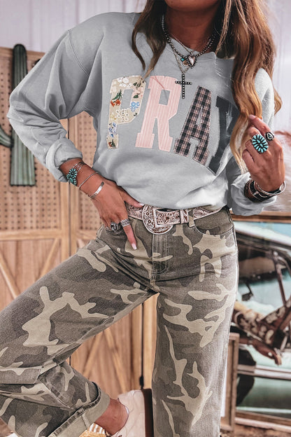 Gray Floral Buffalo Plaid Striped Embroidered Patch Western Pullover Sweatshirt