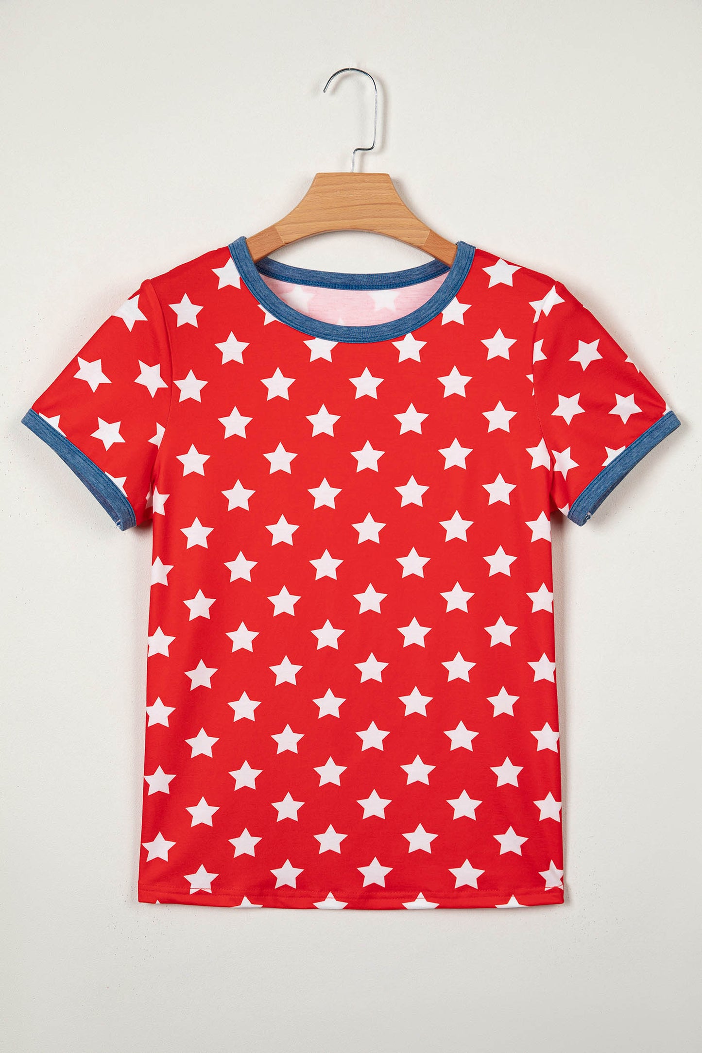 Red Stars Print Colorblock Binding Tape Collar Cuff Viscose Tunic Top