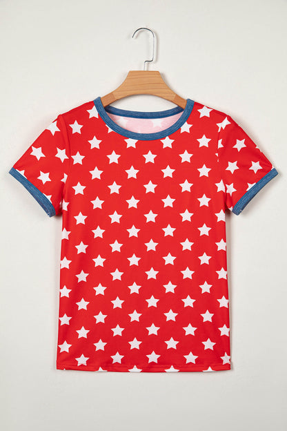 Red Stars Print Colorblock Binding Tape Collar Cuff Viscose Tunic Top