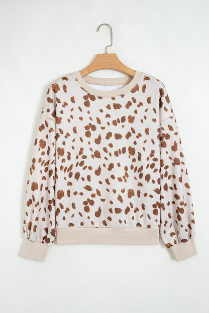 Brown Leopard Print Dropped Shoulder Round Neck Casual Sweatshirt