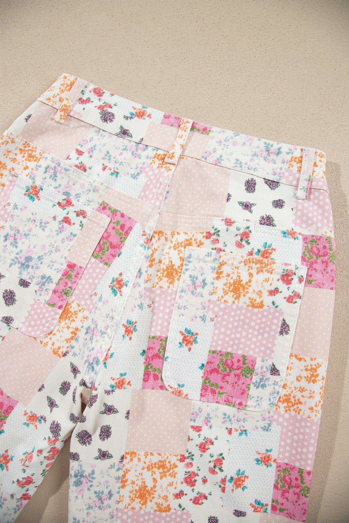 Pink Floral Patchwork Wide Leg Full Length Jeans