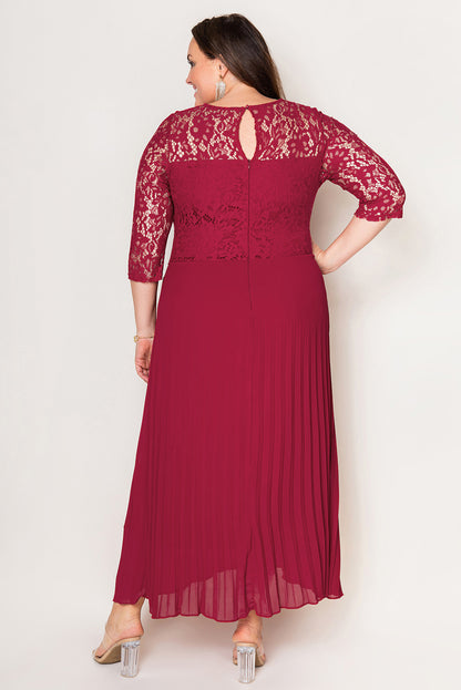 Lace Scalloped V Neck 3/4 Sleeves Pleated Tulle Plus Maxi Dress