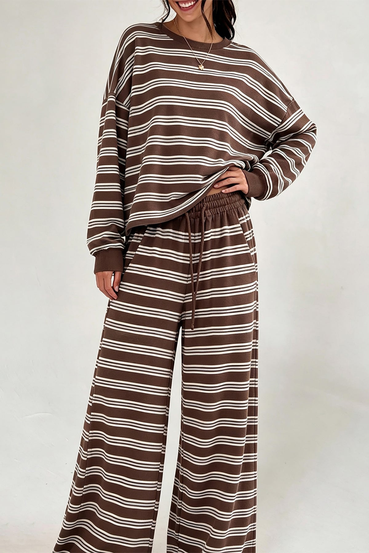 Brown Stripe Back Cutout Long Sleeve Top and Wide Leg Pants 2pcs Set